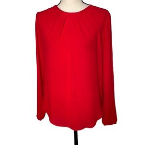 Ann Taylor Red Long Sleeve Pleated Front Keyhole Blouse XS